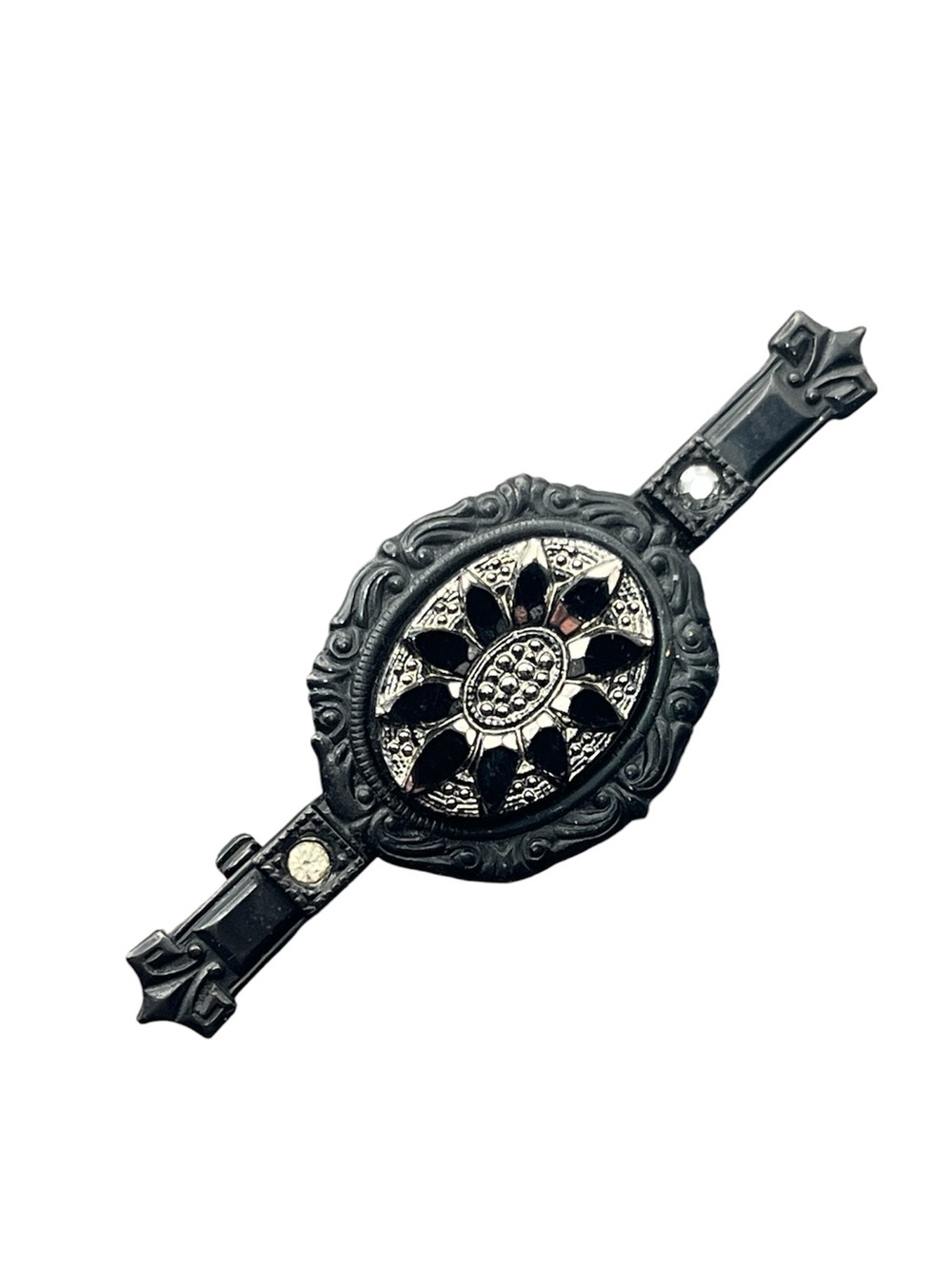 Black flower rhinestone vintage brooch pin